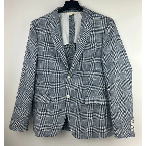 Zara Man Blazer Jacket Plaid Houndstooth Navy Blue & White US Men's Size 42 - Picture 1 of 13